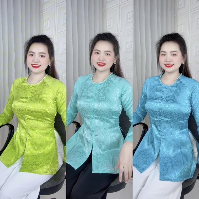 O3 CẢ BỘ Bộ Bà Ba Áo Vải Lụa Gấm Truyền Thống Cổ Tròn Tay Dài Nút Ngọc Dây Kéo Quần Lụa Mango Mềm Mịn
