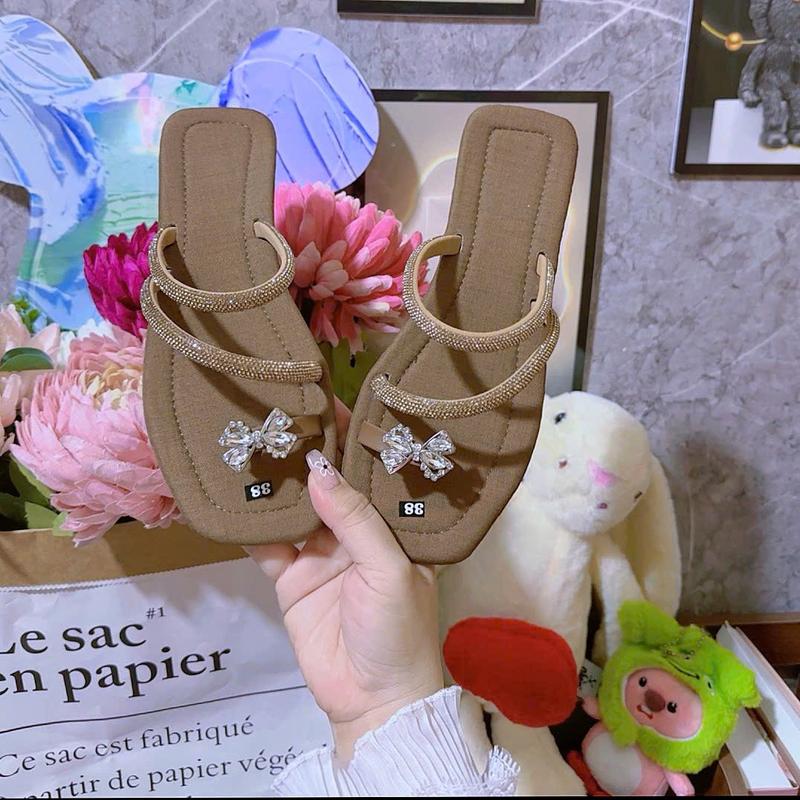 Dép nữ xỏ ngón đính nơ đá mũi vuông đế bệt sang trọng dép kiểu nữ đẹp DéP Shoes giay dep