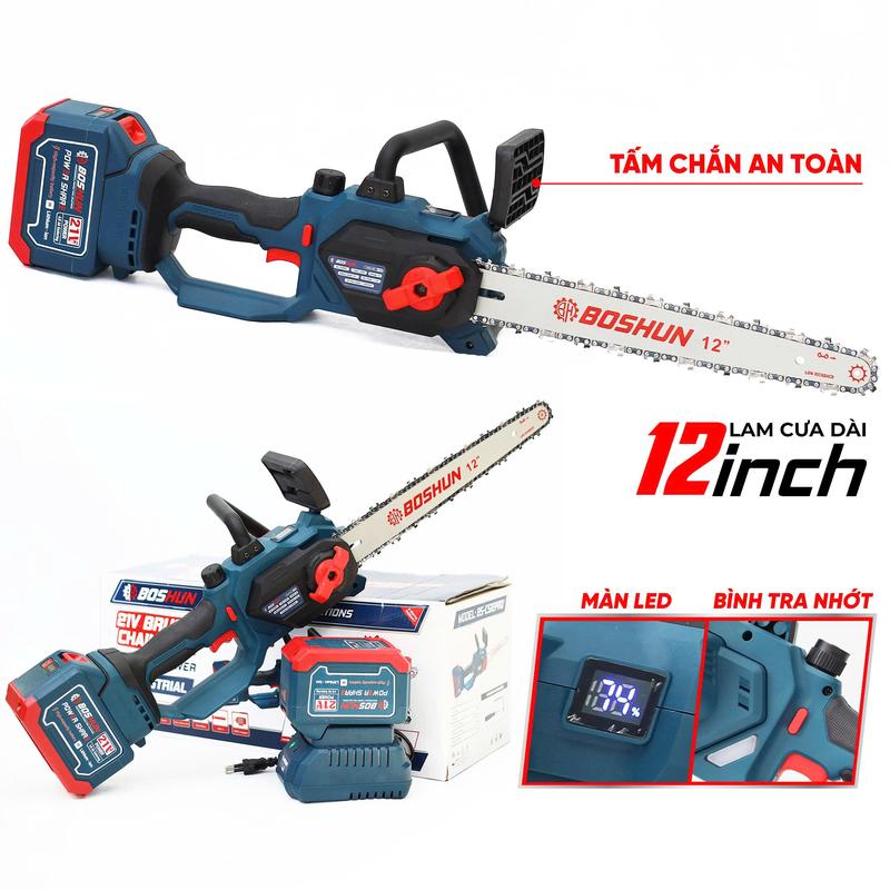  BOSHUN Máy Cưa Pin 12 Inch BS-CS12PRO - Tốc Độ 6m s - Pin Lithium 15 Cell 21V 6Ah - Bảo Hành 6 Tháng - Tính Năng Tiết Kiệm Năng Lượng - Vỏ Nhựa Bọc Cao Su - Màn LED & Bình Tra Nhớt 