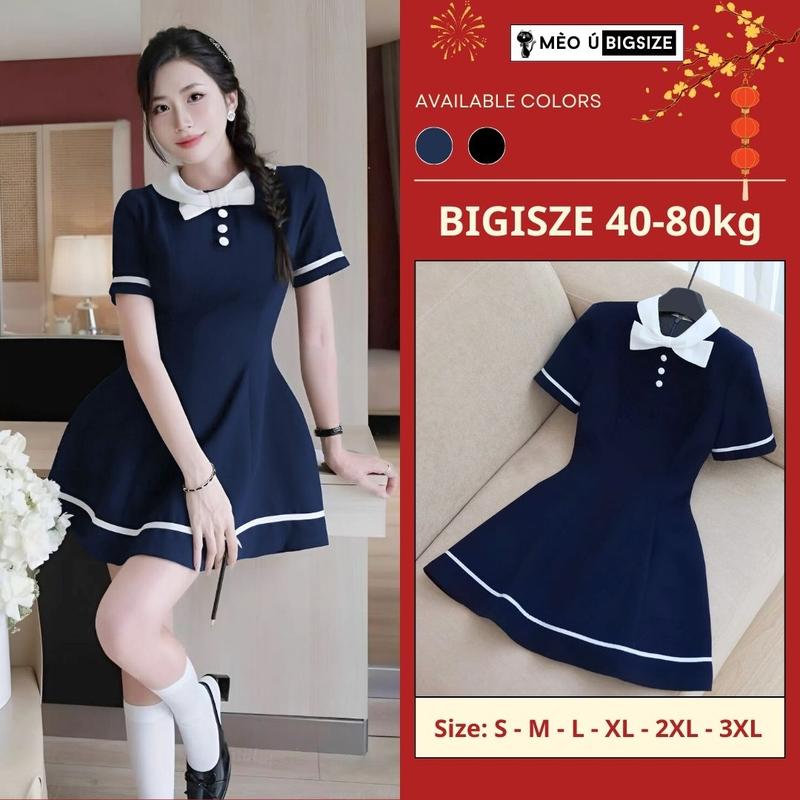 Đầm thiết kế BIGSIZE Mèo Ú váy chữ A cộc tay cổ nơ đính cúc dáng xoè phối viền trắng phong cách tiểu thư 5323