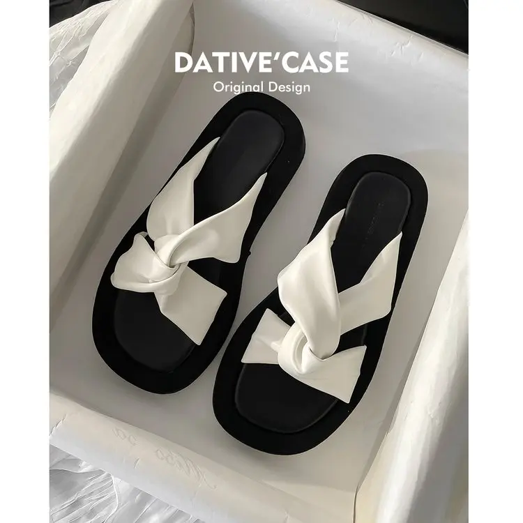 JINxCHOY SHOES Summer casual fashion cross pleated and wrinkled PU leather thick sole slippers SS24