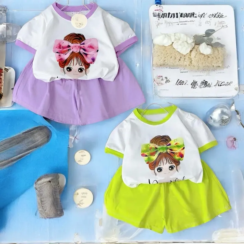 xinh gai Bộ cộc tay in hình BÚP BÊ Cô gái dễ thương cho bé gái .đồ mùa hè cho bé .vải cotton set chobe 0