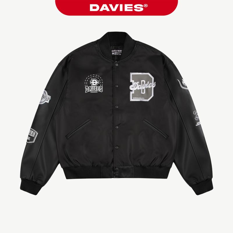 Áo varsity jacket nam nữ dù DAVIES logo thêu dù nổi thêu da nổi tay phối da màu đen Varsity Jacket Academy | D34-AK4