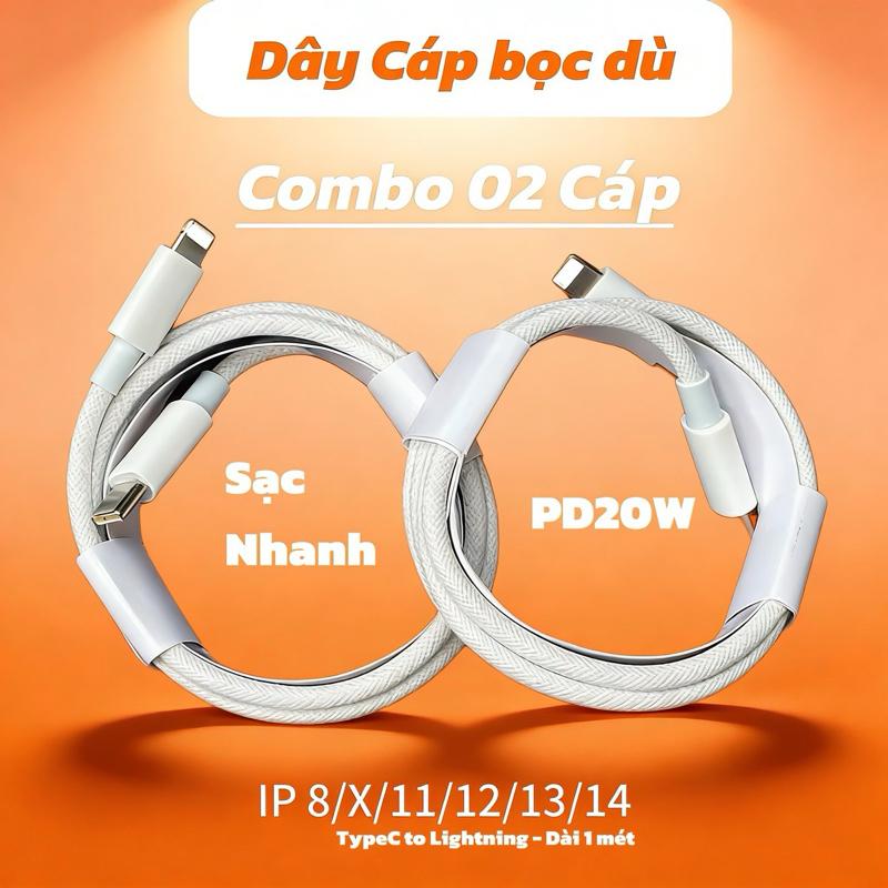 (Combo 2 Cáp Hoặc 1 Cáp) Cáp Sạc Nhanh 20W PD Type-C To Lightning Bọc Dù Nylon Carbon - Tương Thích iPhone 8-14 Pro Max, Chống Gãy Chống Rối, Hỗ Truyền Dữ Liệu 480Mbps, Chiều Dài 1m, capsacnhanh
