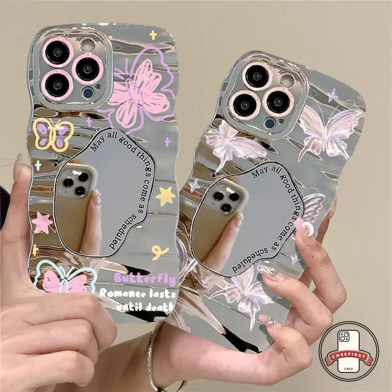 Casing Cermin Rias Mewah Kupu-kupu Merah Muda Fantasi Untuk Oppo A17 A15 A12 A15 A58 A55 A11 A5s A31s A17K A9 A5 A76 A12E A72 A35 A78 A7 A54s A36 A3s A52 A16 A1K A54 A16s A96 Reno 8Z 8T 7Z 4F 7 6 8 5 Casing Tepi Bergelombang Huruf Modis