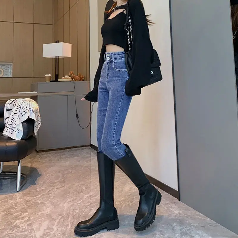 Skinny Pants Trendy Women's Autumn and Winter Black New Pen Skinny Jeans Stretch Cropped High Slimming and Tight Pants