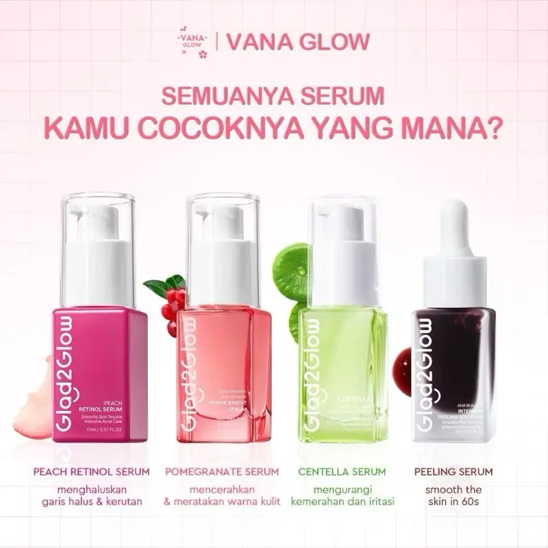 Glad2Glow Serum Pomegranate Peach Retinol Serum Centella Acne Serum Intensive AHA BHA PHA Peeling Solution Serum Brightening Anti Aging Beruntusan Eksfoliasi Serum G2G