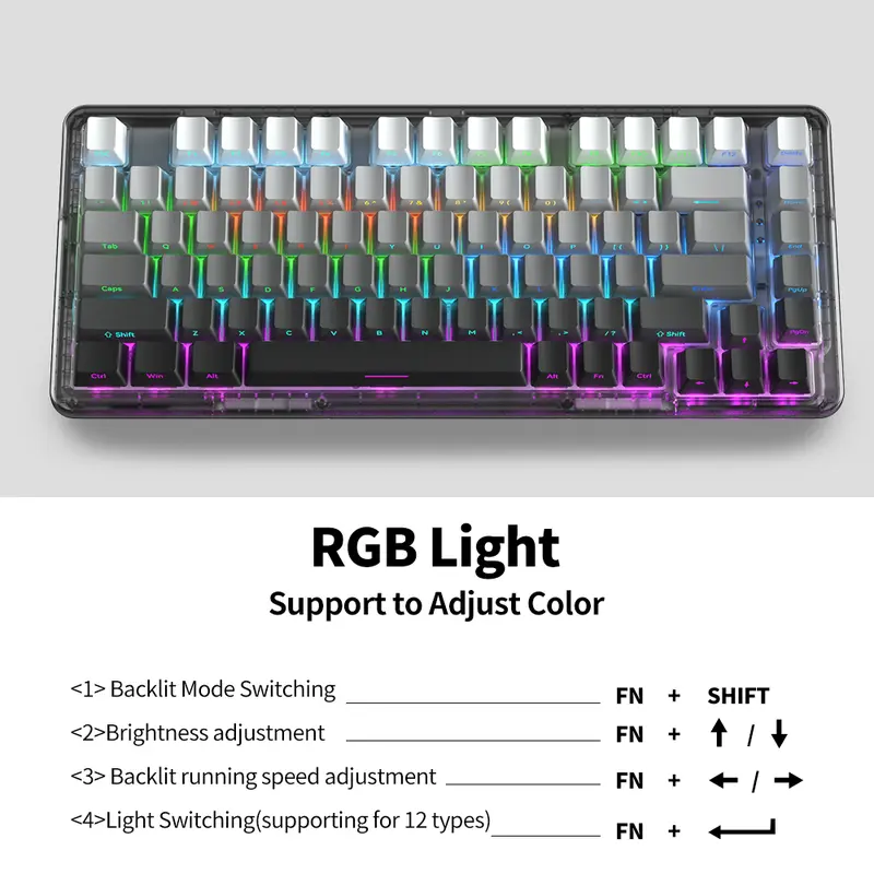 ZIFRIEND ZT82 Gamer Keyboard 3 Modes Transparent Mechanical Keyboard Hotswap Bluetooth Wireless 2.4G RGB Backlit Keycap 6