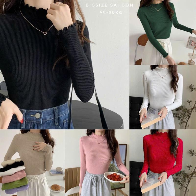 Bigsize Sài Gòn Áo Thun Nữ Tay Dài Phối Cổ Lọ Béo Vải Len QC Cao Cấp Thanh Lịch Bigsize 45–90kg - B.1626