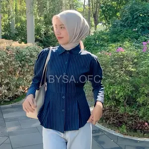 BYSA OFC- Kemeja Salur Rempel Semiwool Fit Body | Tebal Nyaman Mewah Garis Wanita navy hitam coklat marun bw Baju Formal Slim Panjang Motif