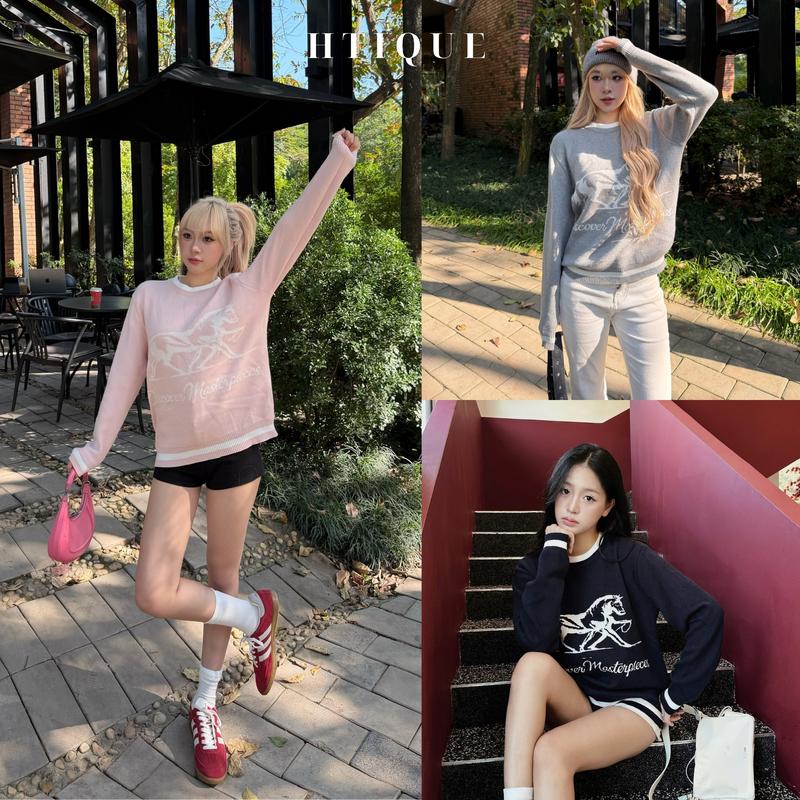 BST Thu Đông HTIQUE DEAL mở bán Áo sweater thêu ngựa Áo len dệt kim năng động DISCOVER MARTERPIECES LA14