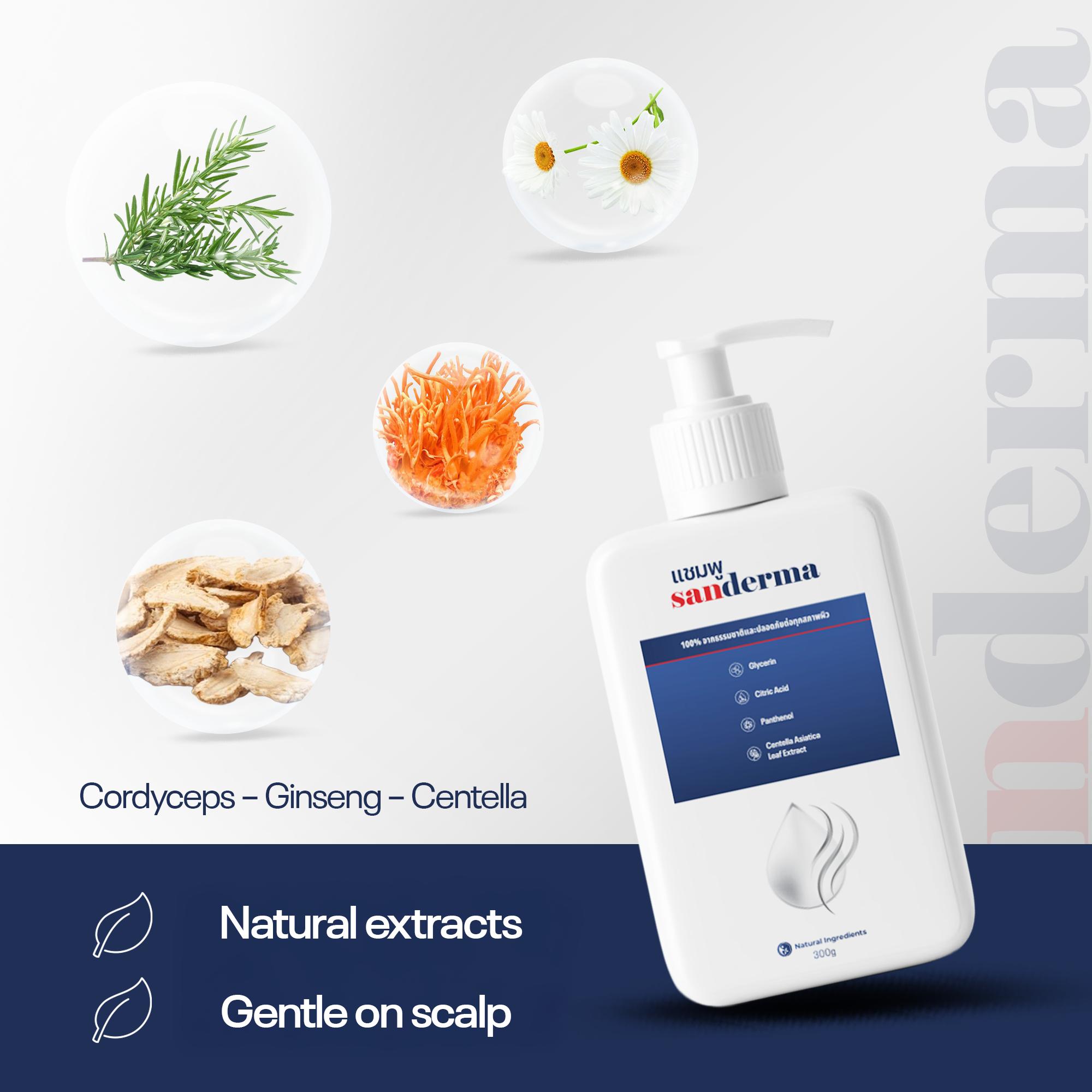 SANDERMA shampoo แชมพู ลดอาการคันและเชื้อราบนหนังศีรษะ 300 กรัม ด้วยสารสกัดจากถั่งเช่าใบบัวบก โสม ชา