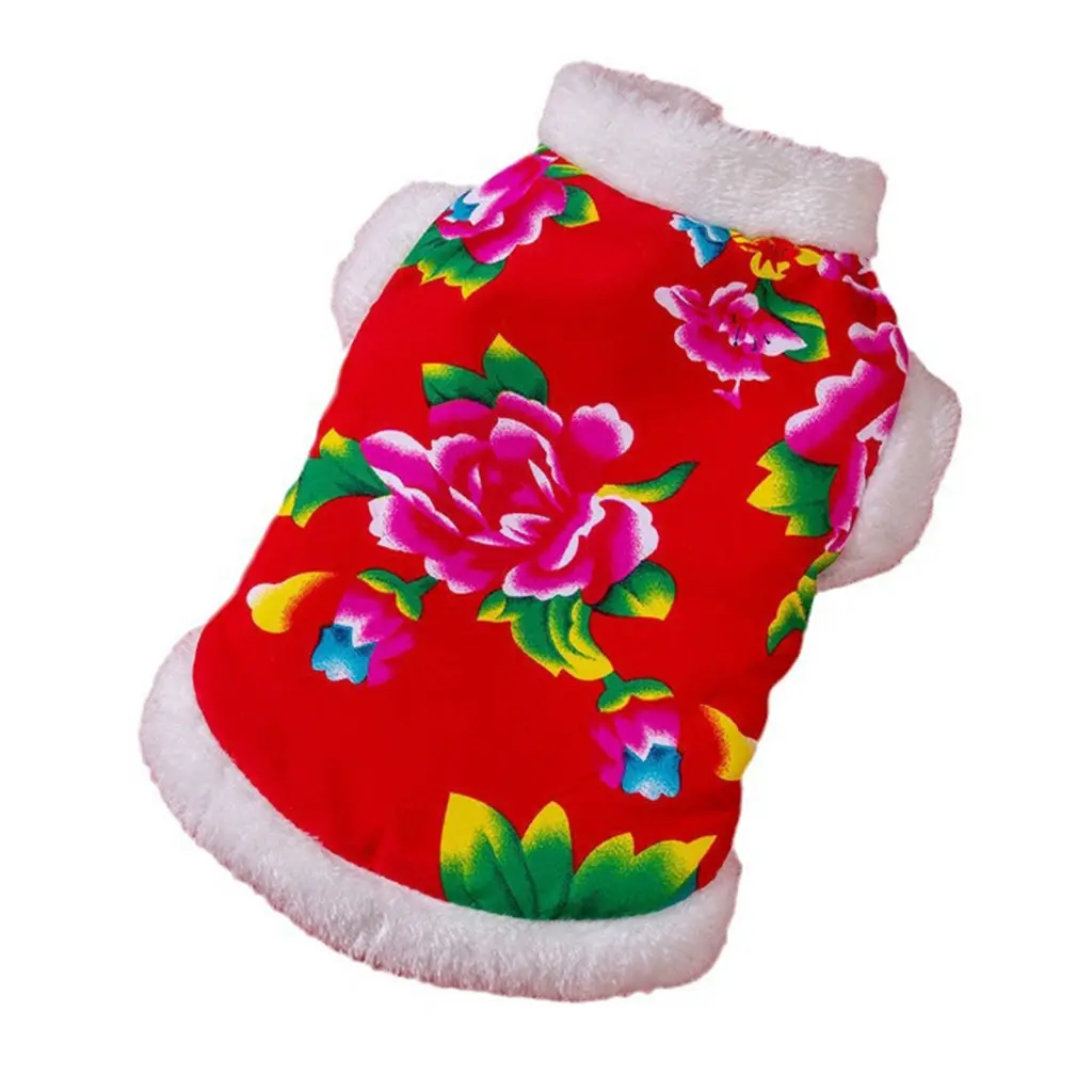 Kejixsa-Quần Áo Lễ Hội Cho Thú Cưng, Áo Khoác Cotton In Hoa Màu Đỏ Cho Chó Và Mèo, Quần Áo Mùa Đông Thoải Mái