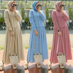 Oneset Sheila Wanita Motif Salur Bawahan Rok Payung Atasan Kemeja Lengan Panjang