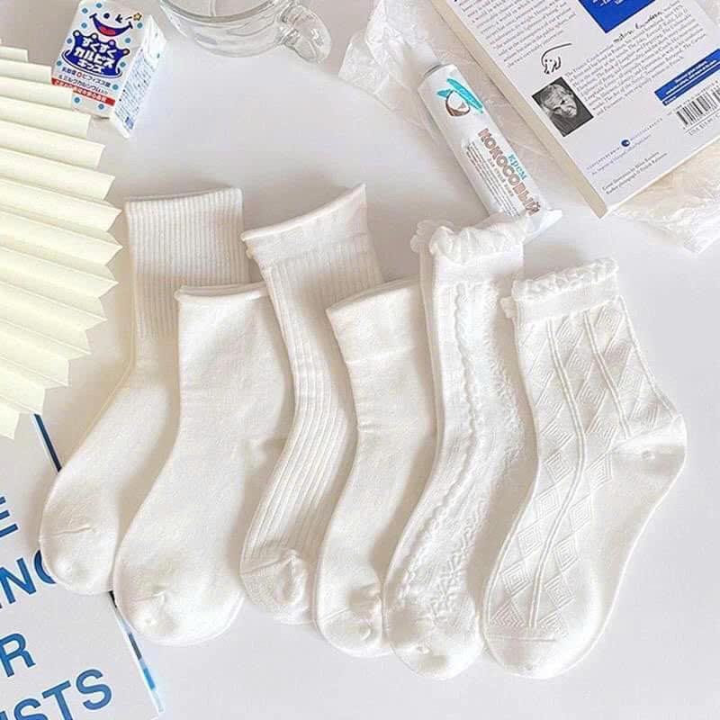 Set 10 Tất Lolita Cao Cổ Phối Ren Bèo Màu Trắng Phong Cách Tiểu Thư Hàn Quốc