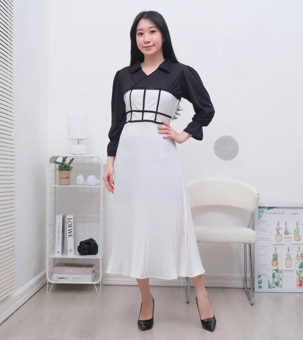 GIOVANA DRESS CASUAL / DRESS PLISKET COMBI LIST HITAM / DRESS COMBINASI DAN ROK PLSIKET