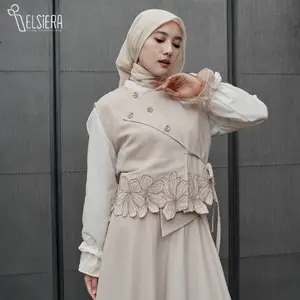Elsiera Fella Vest Beads Bordir Bunga Outer Wanita Asimetris Pita Baju Lebaran - Cream