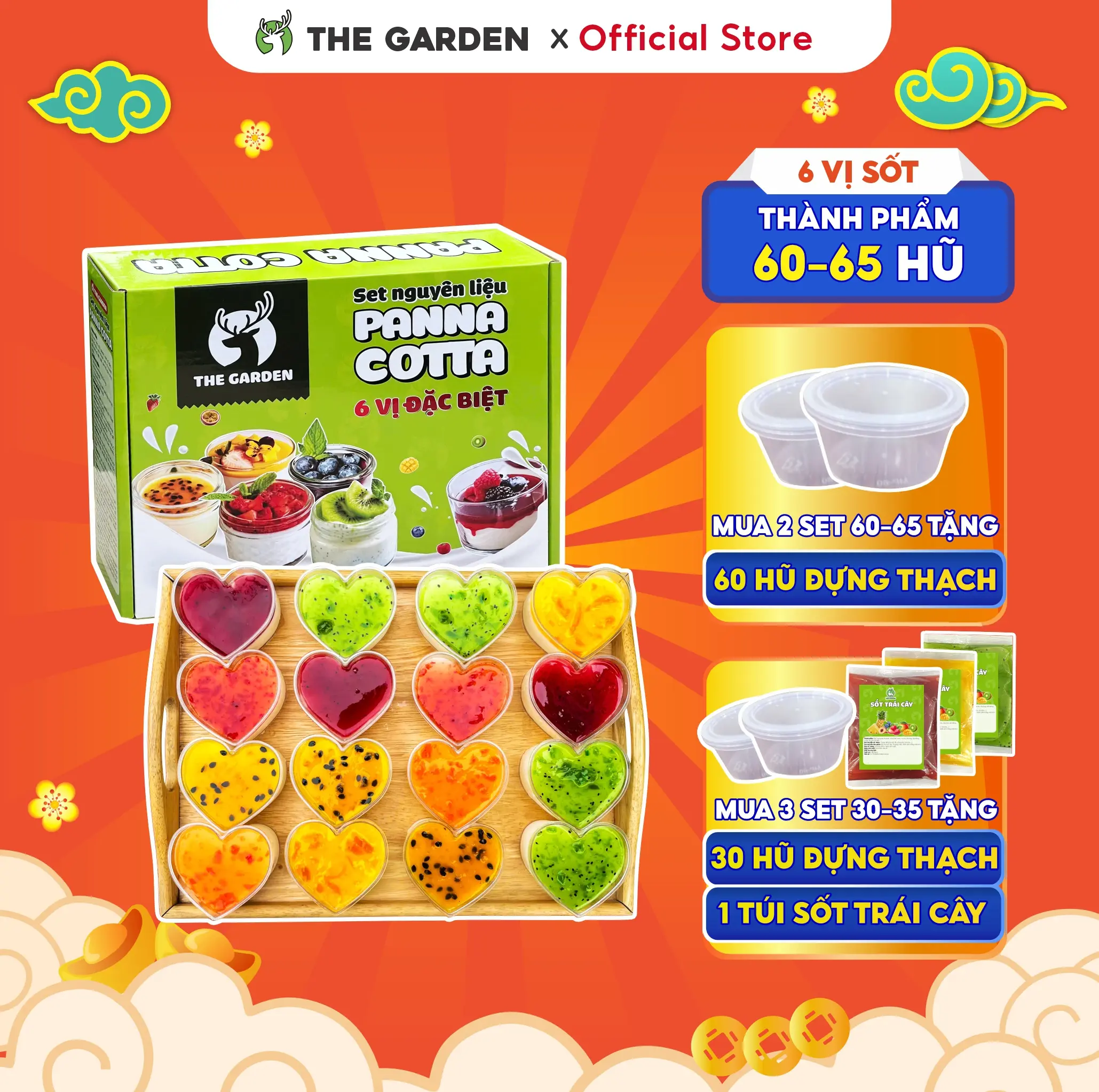 Set nguyên liệu Panna Cotta thạch kem sữa Ý THE GARDEN IGWT 6 vị Dâu, Xoài, Chanh Leo, Việt Quất.. thành phẩm 60-65 hũ