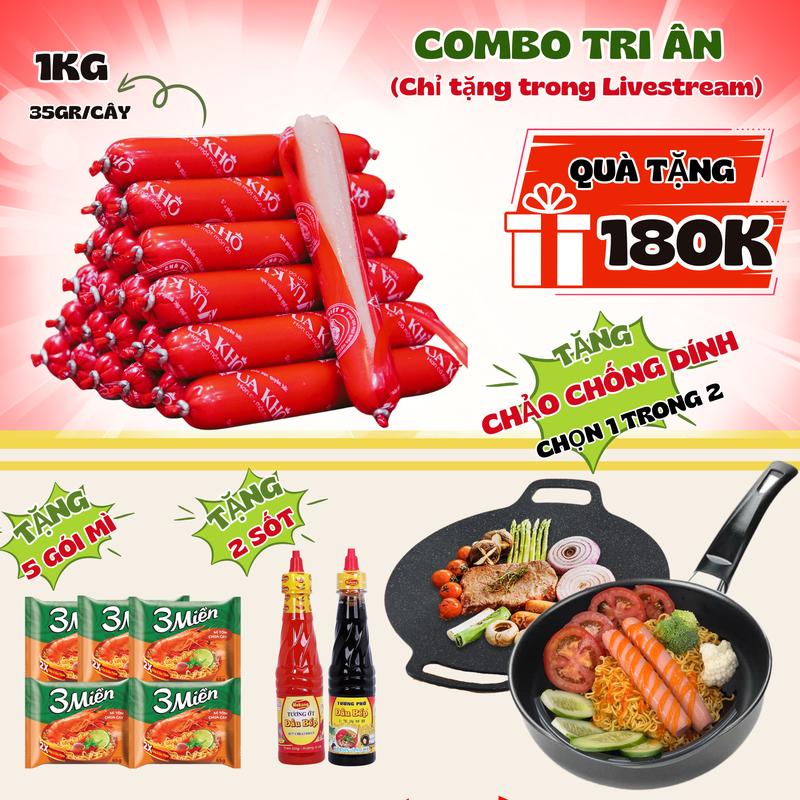 Mua 1 tặng 4 1KG Xúc xích Vua Khô 35gr cây ~ 27 cây TẶNG 5 gói mì + 2 chai tương + 1 chảo nướng. Xúc xích mềm thơm dậm đà - Đồ ăn vặt Snack Food Thức Ăn mì cay..