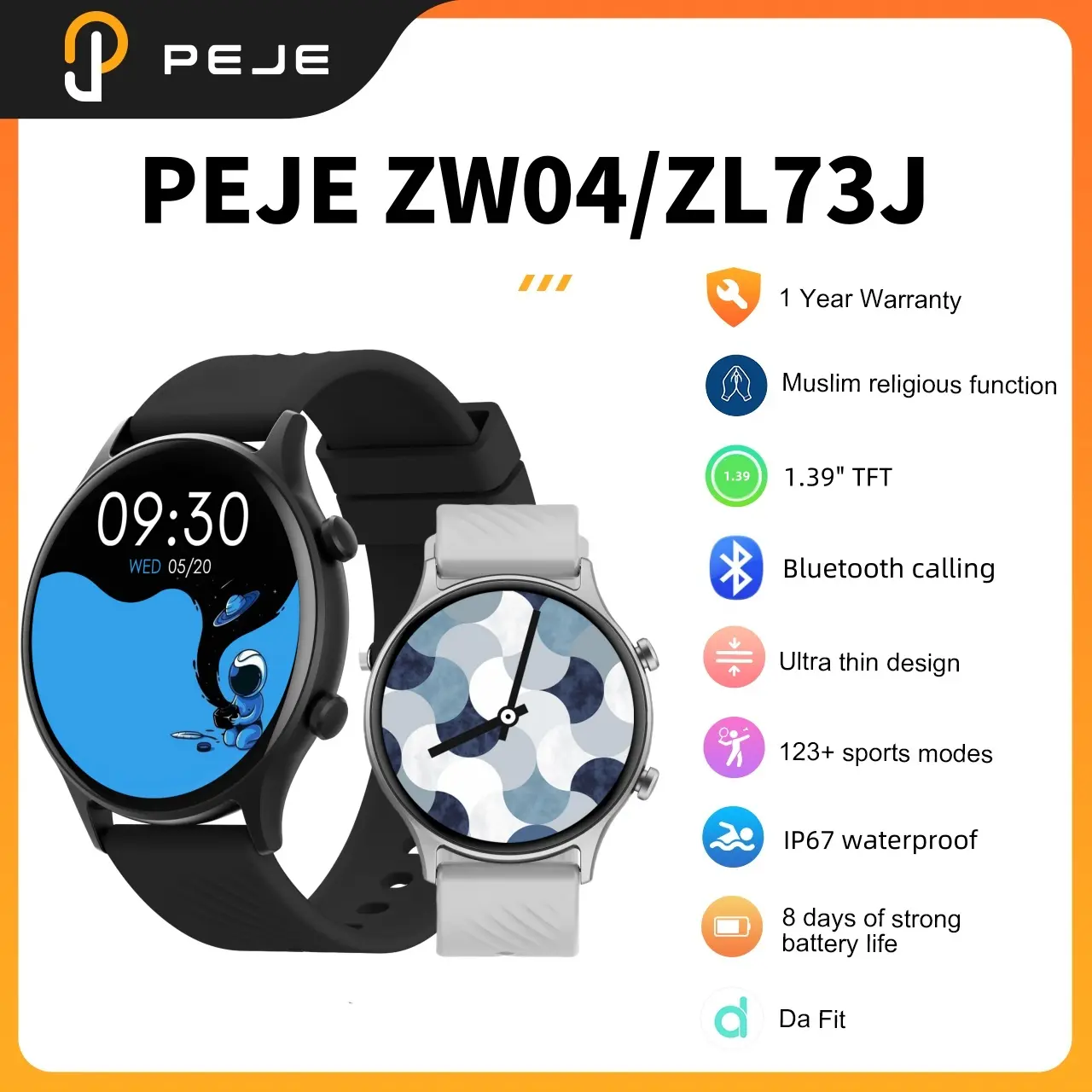 สมาร์ทวอทช์, PEJE, ZW04/ZL73J, หน้าจอ HD กระจกนิรภัย 1.39 นิ้ว, การโทรด้วยบลูทูธ, โหมดกีฬา 100+, ฟังก์ชั่นมุสลิม, การควบคุมด้วยเสียง AI, กันน้ำ IP67, รองรับกีฬา