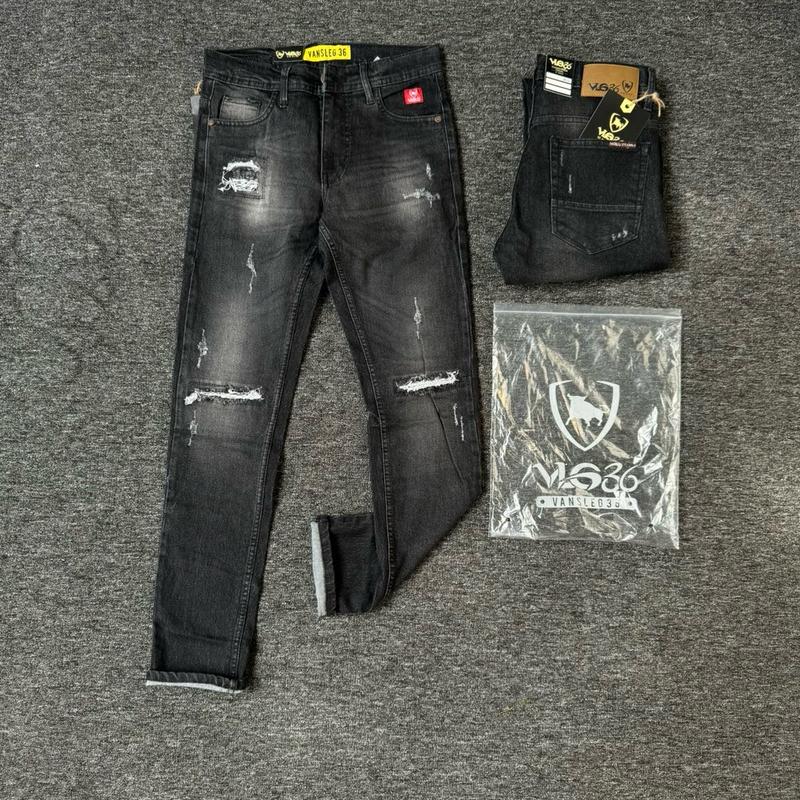 27-33 CELANA JEANS PANJANG ABU SOBEK PAHA BLACK VIPER   Melar Slim Fit Skinny Stretch Denim Lembut Pria Tebal 5