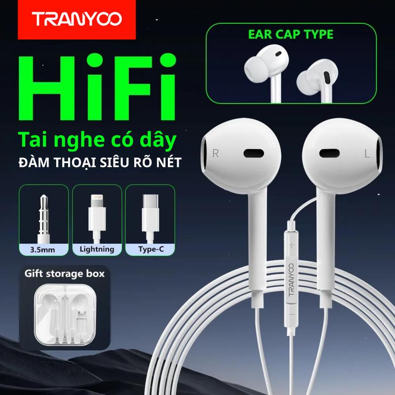 COD Tai Nghe Có Dây Nhét Tai Tranyoo R12 Chống Ồn Âm Thanh Vòm Chất Lượng Cao Đa Dạng Cổng Kết Nối Lightning Type-C Jack 3.5 Earphone Gaming Bảo Hành Chính Hãng Nhét Tai Nghe Nhạc tai nghe có dây laptop