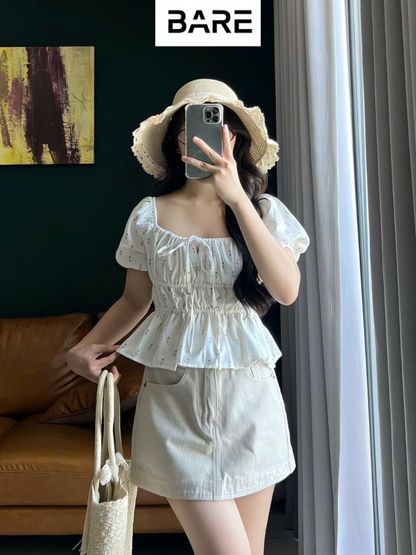 BARE_Áo babydoll cột nơ chất linen, Áo kiểu tay bồng tiểu thư dễ thương bo chun thân xinh xắn_A490 Nữ Top Women Nhung