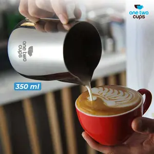 One Two Cups Milk Jug Latte Art Gelas Susu Kopi Espresso Frother Foam J068 Stainless Steel 350ml untuk Latte Art Profesional dengan Ujung Corong Melebar dan Gagang Ergonomis