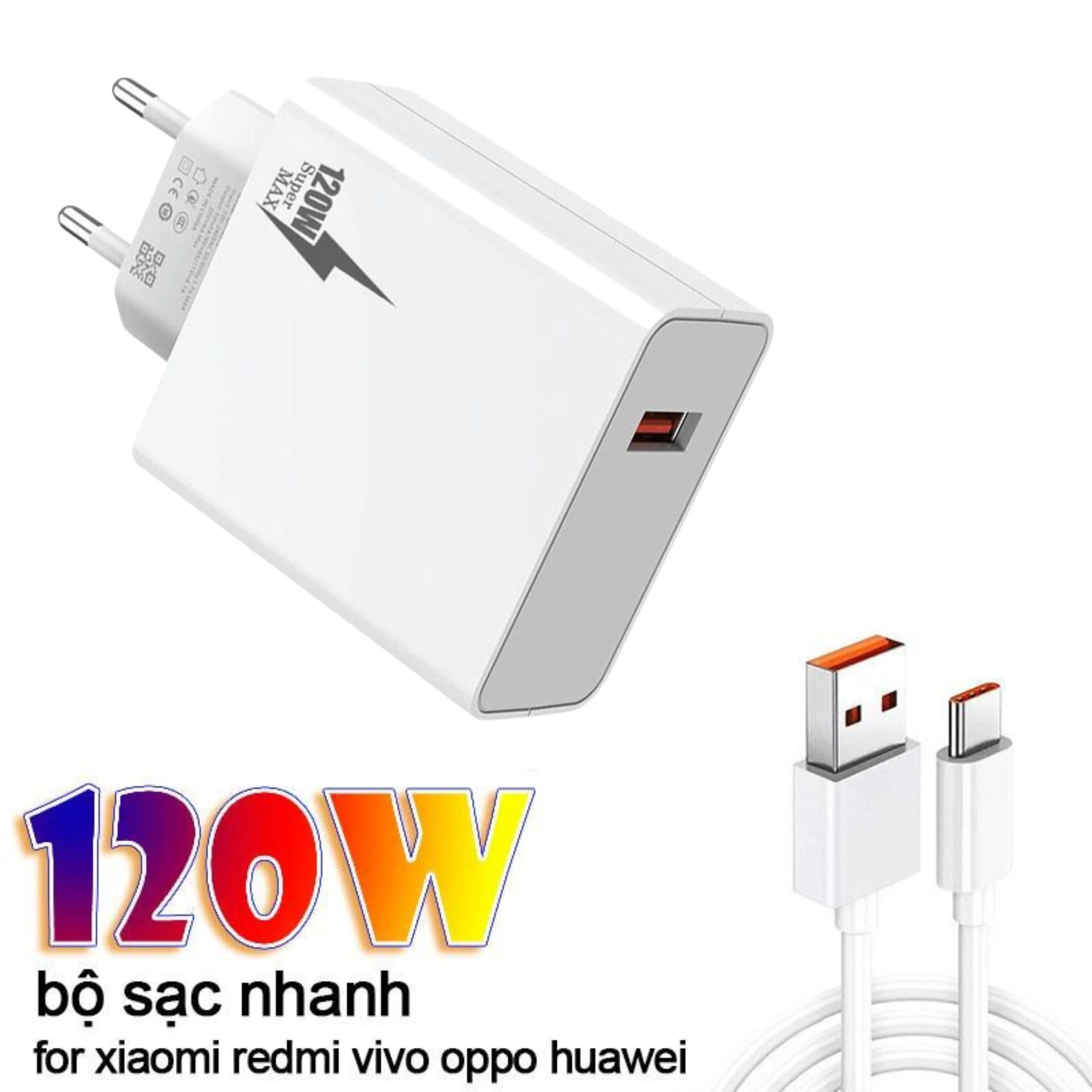 Bộ sạc nhanh USB Type C 120W loại Chân cắm dẹt/Chân cắm tròn US/EU cho xiaomi redmi vivo oppo super max - Bảo Hành 12 Tháng Phụ Kiện,Sạc Điện Thoại Bộ Sạc Nhanh Phụ Kiện
