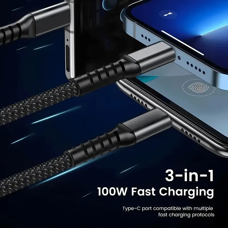 Kabel Data 3 IN 1 100W Fast Charging Cable Lightning Type C USB Micro For iPhone 15 Samsung Xiaomi OPPO VIVO Pilot Lamp Digital Screen Charger 4