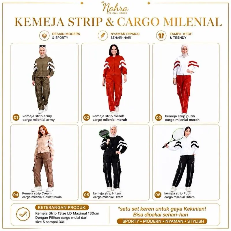 Setelan-Nahra Kemeja Strip & Cargo Milenial Bahan Spandek Polyster Untuk Baju Senam Aktifitas Harian Olahraga Wanita