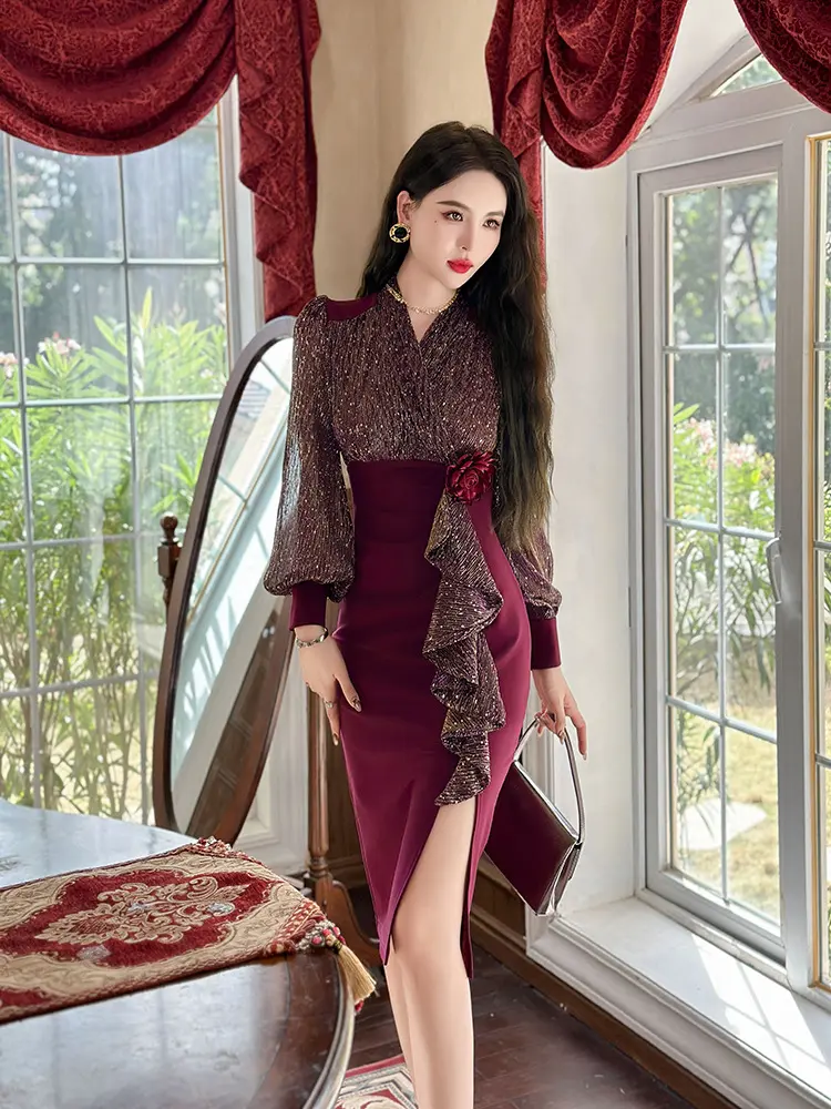 Đầm Tay bồng bodycon Xẻ Tà Dáng Ôm Viền Xếp Ly Thiết Kế Đẹp Kiểu Pháp Mới Cho Nữ, Có Cỡ S-XXL, 50749 Women Dress Màu Đỏ