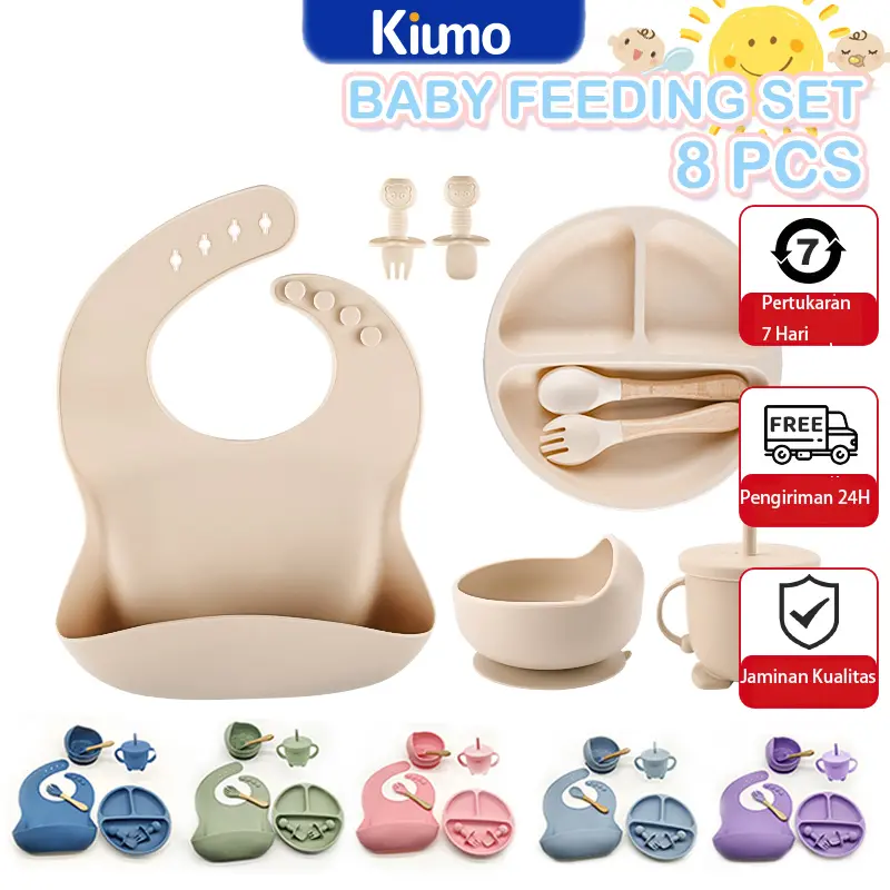 Alat makan bayi set 5/6/8pcs anak-anak Peralatan makan silikon peralatan makan mpasi bayi set Sendok sup anak-anak Mangkuk Bayi Biru Merah Bowl Garpu Piring 0