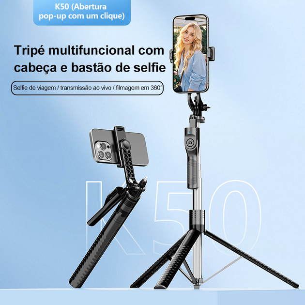 Bastão de selfie manual estabilizado com tripé, suporte de 1,9 metro, ideal para selfies, vídeos, vlogs e viagens. Estabilização em três eixos com gravação panorâmica de 360 ​​graus