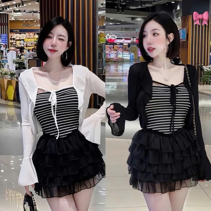 SET VÁY NỮ 3 MÓN ÁO TRONG 2 DÂY [CÓ MÚT] KÈM KHOÁC NGOÀI MIX CHÂN VÁY XẾP TẦNG [CÓ LÓT]  siêu dễ thương bánh bèo phù hợp cho các nàng đi tiệc đi chơi đều xinh xắn women top