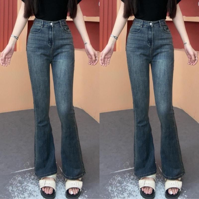    ZINLY SHOP   Quần Jean Nữ Ống Loe Cạp Cao Túi Thêu Chữ Màu Đậm Có Fom Ngắn 95cm Và Dài 105cm Q329 