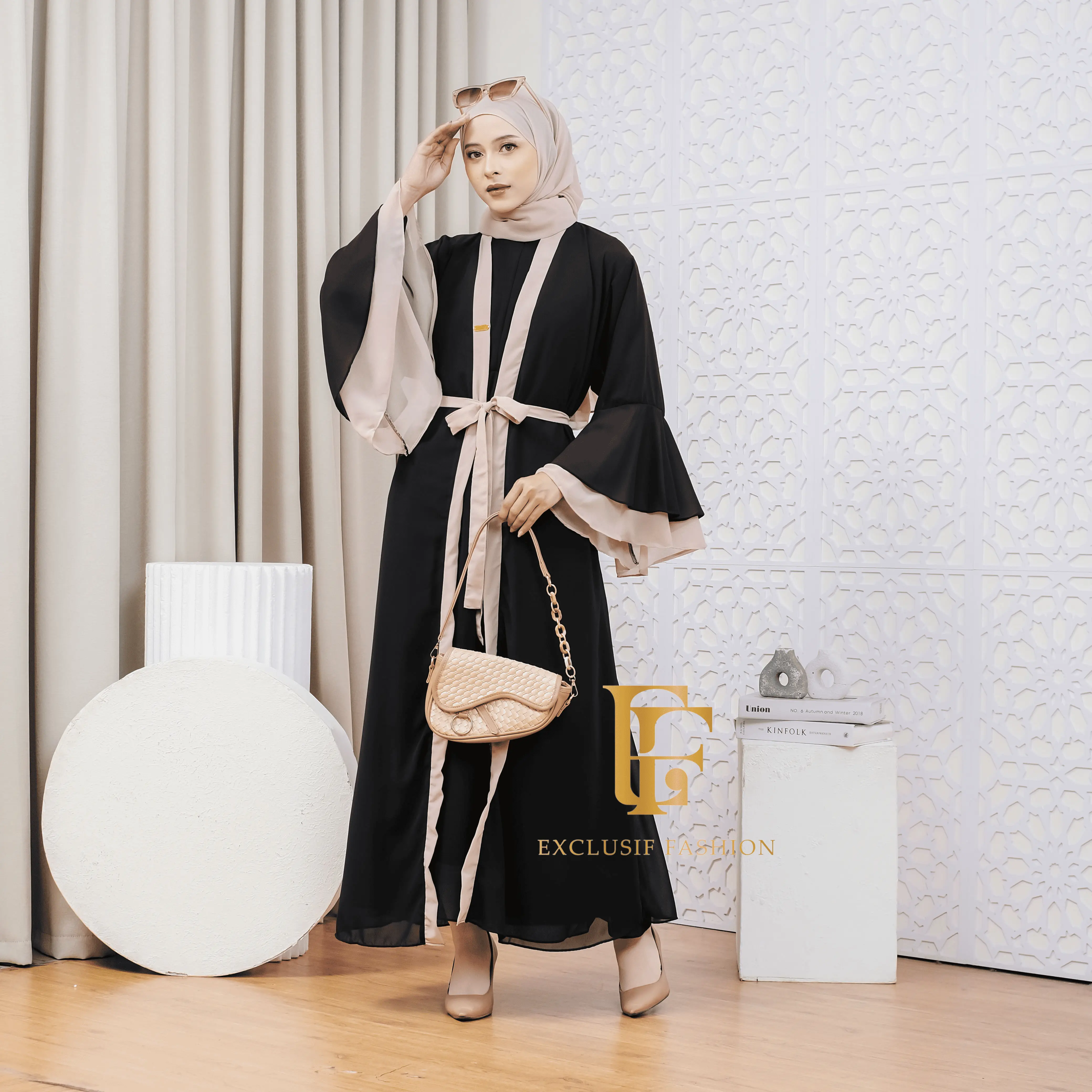 Nazira set abaya turkey wanita kekinian bahan ceruty babydoll full furing busui friendly lengan terompet 4IN1
