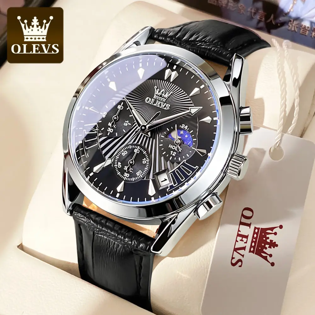 【1 year warranty】Olevs Genuine Men'S Watch Cowhide Strap Waterproof Deeply Glow Effect 2876 Rotundity Metal+Leather Watch Multiple colors With the box Business Office Party Gift warranty Free shipping Đồng Hồ Nam Chính Hãng Dây Da Bò Chống Đeo Tay