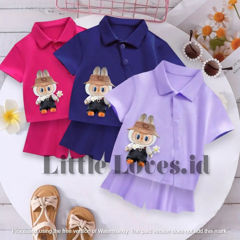 Set Anak Perempuan Motif Labubu Flis Lengan dan Celana Pendek Usia 1-10 Tahun Fashion