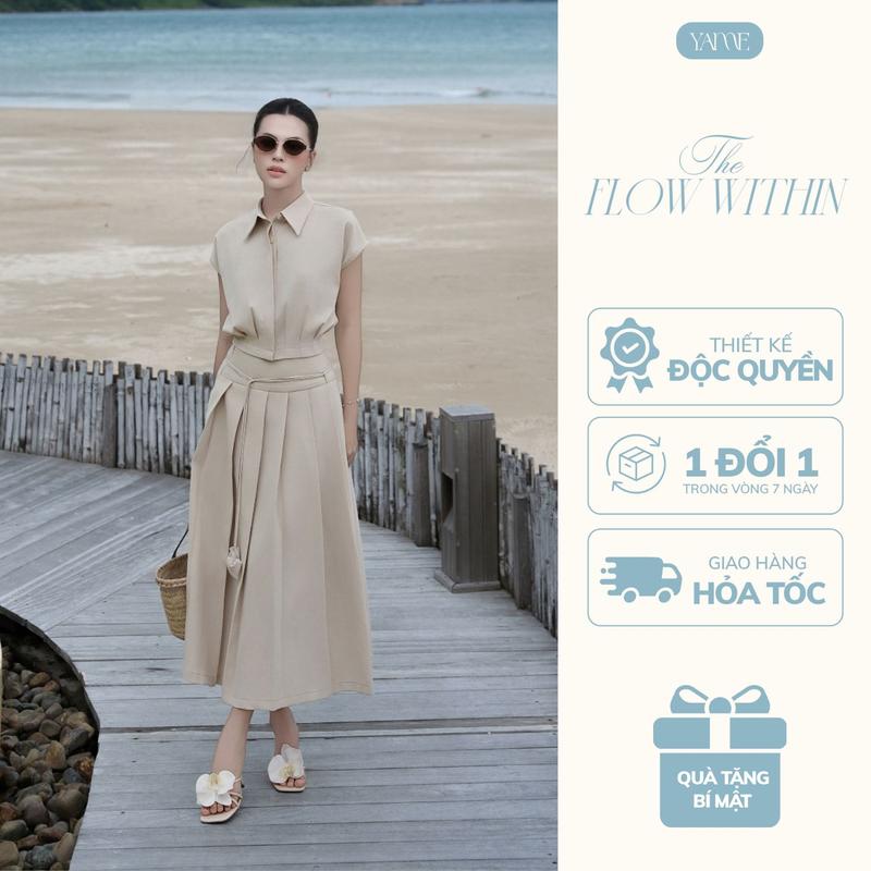 Set Bộ Nữ YAME Màu Be Vải Đũi Xước Áo Dáng Crop Tôn Eo Phối Chân Váy Xếp Ly Dài Kèm Đai YS699