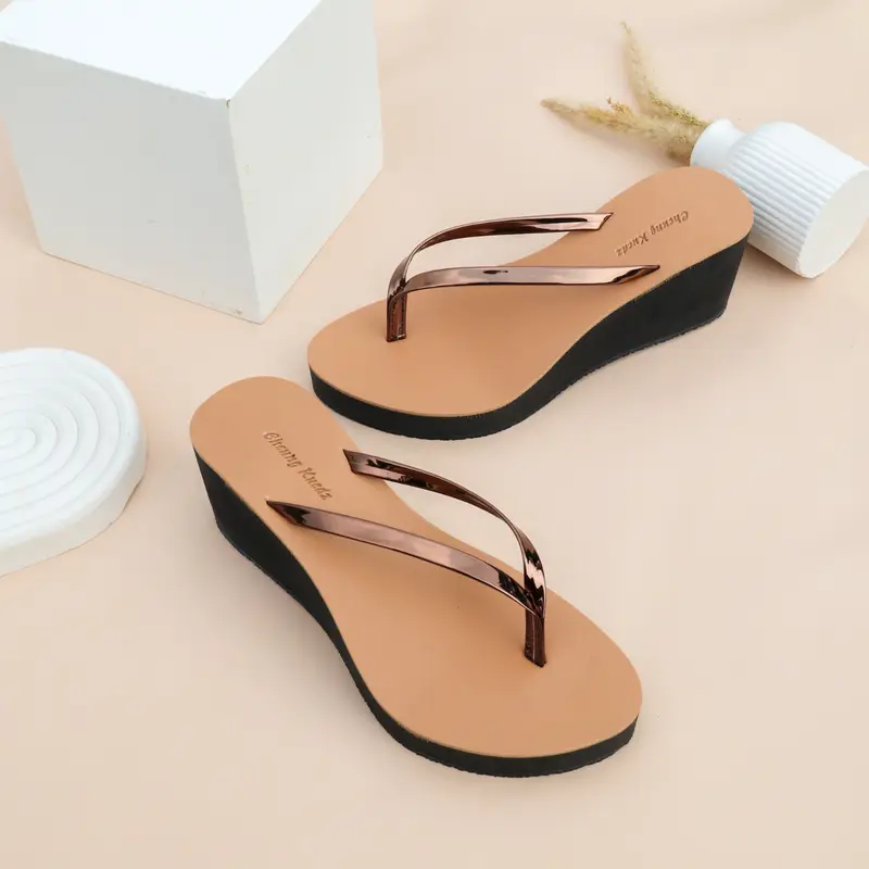 Cheung Kuedz Spon 03 Sandal Jepit Wanita Tinggi 7Cm Sol Karet Padat Sendal Wedges Hitam 40