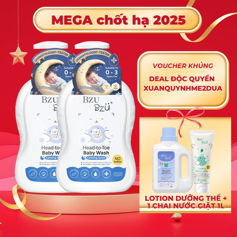   XQM2D  Combo 2 Chai Sữa Tắm Gội Toàn Thân Em Bé Sữa & Yến Mạch BZU BZU Baby Head to Toe Wash Làm Sạch Dịu Nhẹ 600ml Cho Bé sữa  tắm 