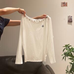 Women's Vintage Rhinestone Rivet Embroidery Asymmetrical Shoulder Long Sleeve Top, Fall New Loose Fit Design Casual Shirt 3529# Womenswear Basic Fitted Minimalist