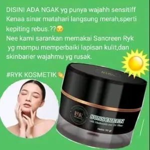 Sunscrean RYK  mencerahkan kulit wajah,melembabkan, meningkatkan nutrisi kulit membantu pembentukan sel sel baru optimal membantu memudarkan bintik bintik  gelap, garis garis halus dan kerutan kulit membantu memperbaiki Perawatan
