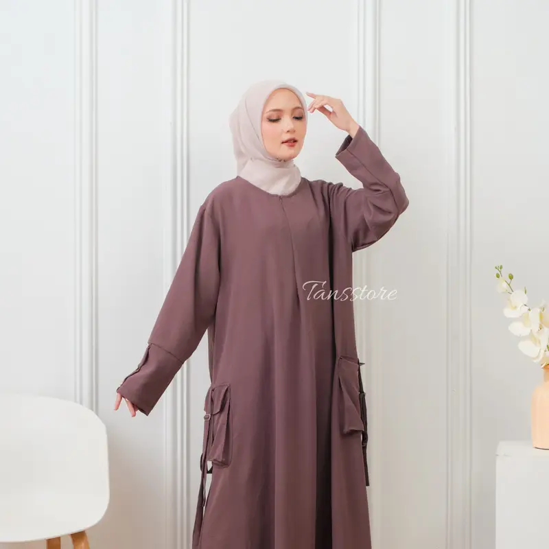 Tans Store - Gamis Cargo Gamis  Panjang Crinkle Wanita Terbaru Gamis Elegant dan Nyaman Dress Muslim Santai Simple 2