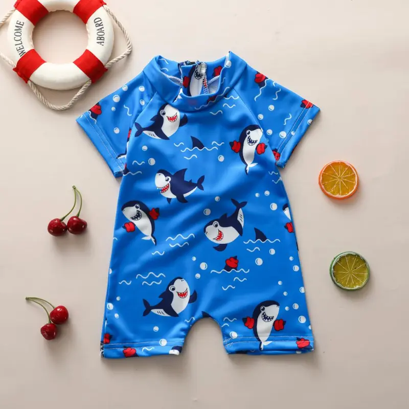 Baju Monyet Musim Panas Bayi Laki-laki Pakaian Renang Ritsleting Lengan Pendek Pola Hiu Kartun untuk Anak Laki-laki Pakaian Mandi Hiu 2