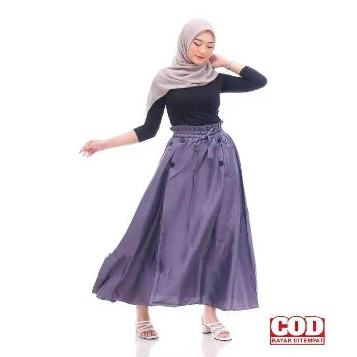 ROK PAYUNG PANJANG JUMBO WANITA REMAJA DEWASA POLOS HITAM ABU NAVY ARMY MILO LAVENDER bahan moscrape grade A hijau kancing Karet Melar Standar High Bawahan Nyaman Variasi 4