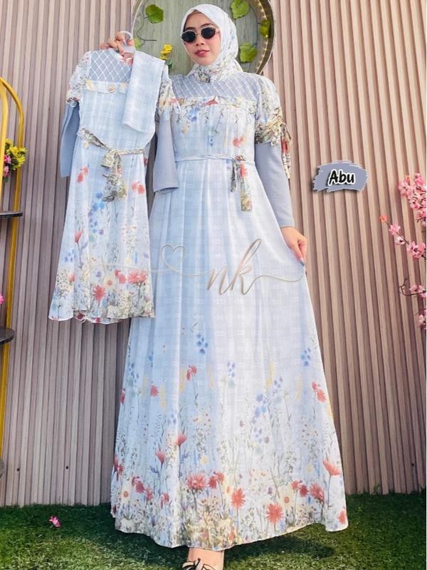 KOLEKSI RANUM|DRESS ARAFA Bisa Couple Ibu & Anak Perempuan FASHION MUSLIM REKOMENDASI GAMIS LEBARAN  Wanita 2025 MEWAH KEKINIAN CERUTY SYARI Abu Set Dung Dress NK Ori 100% By NKOriginal Matt Ceruty Printing Mix Ceruty Polos Set Hijab Segi Empat 1