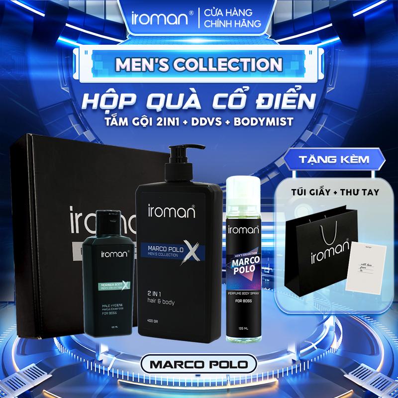 Hộp Quà Cổ Điển IROMAN Tắm Gội 2in1 450G+Tinh Chất Thảo Dược Vệ Sinh Nam 120G+Xịt Khử Mùi Toàn Thân Dành Cho Nam 135ML