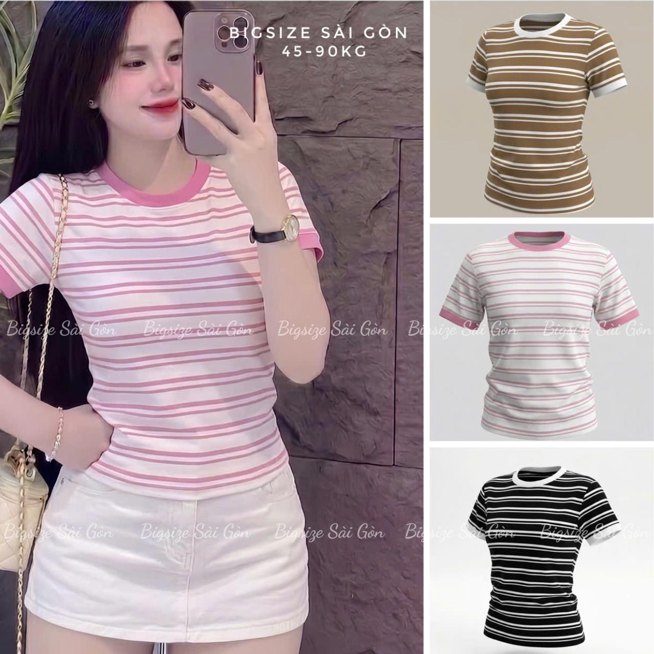 Bigsize Sài Gòn Áo Thun Nữ Cổ Tròn Vải Borit Sọc Cao Cấp Thanh Lịch Bigsize 45–90kg  Nữ Women Top Nhung - B.1799